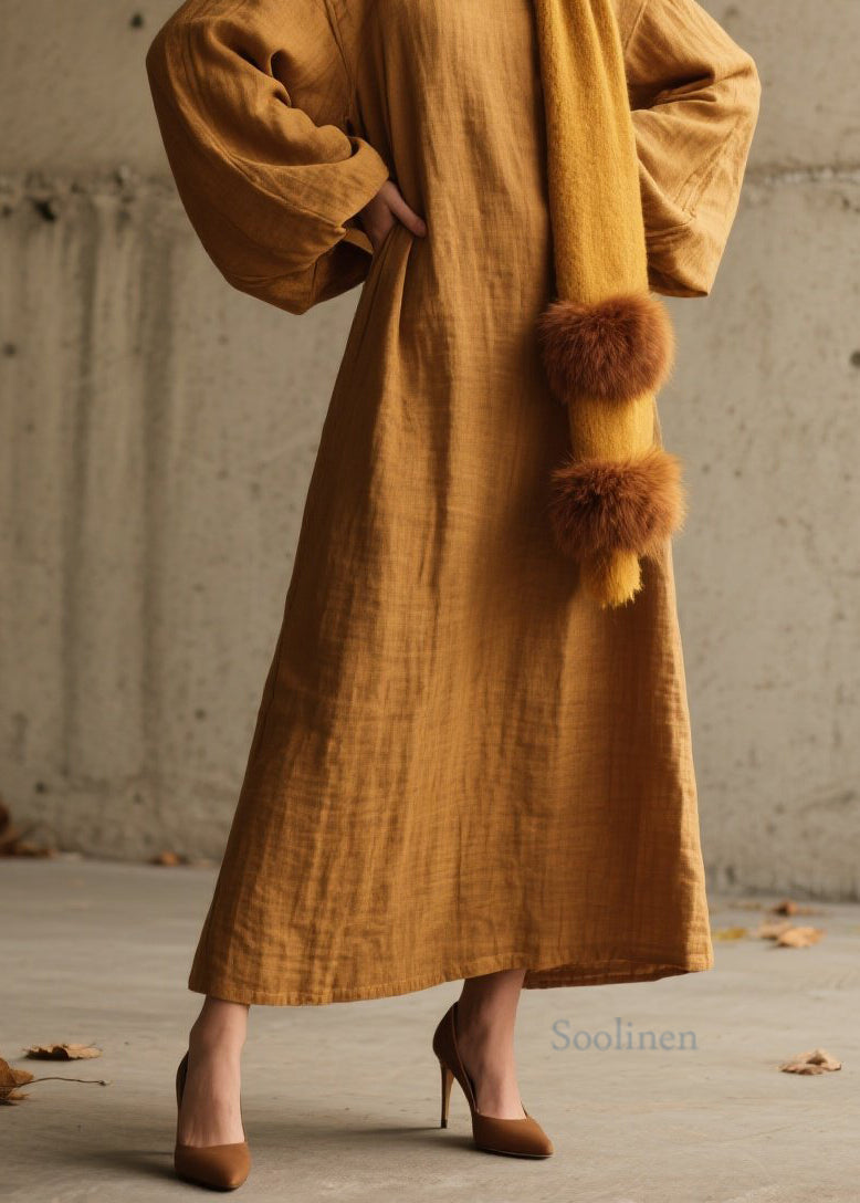 Simple Yellow O Neck Cotton Long Dress Lantern Sleeve