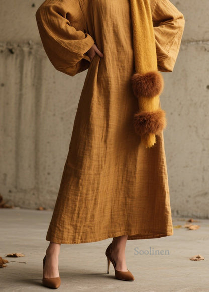 Simple Yellow O Neck Cotton Long Dress Lantern Sleeve