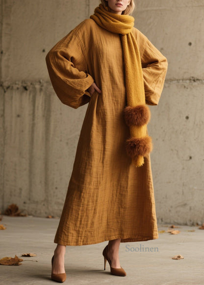 Simple Yellow O Neck Cotton Long Dress Lantern Sleeve