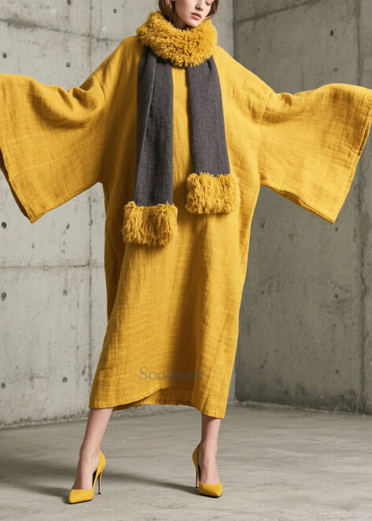 Simple Yellow Oversized Cotton Long Gown Dresses Batwing Sleeve