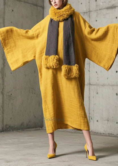 Simple Yellow Oversized Cotton Long Gown Dresses Batwing Sleeve