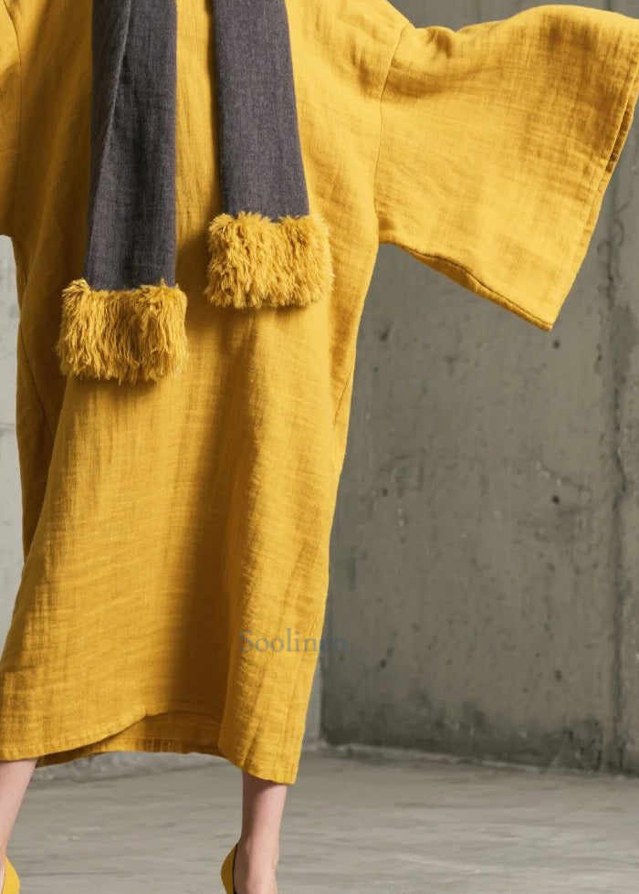 Simple Yellow Oversized Cotton Long Gown Dresses Batwing Sleeve
