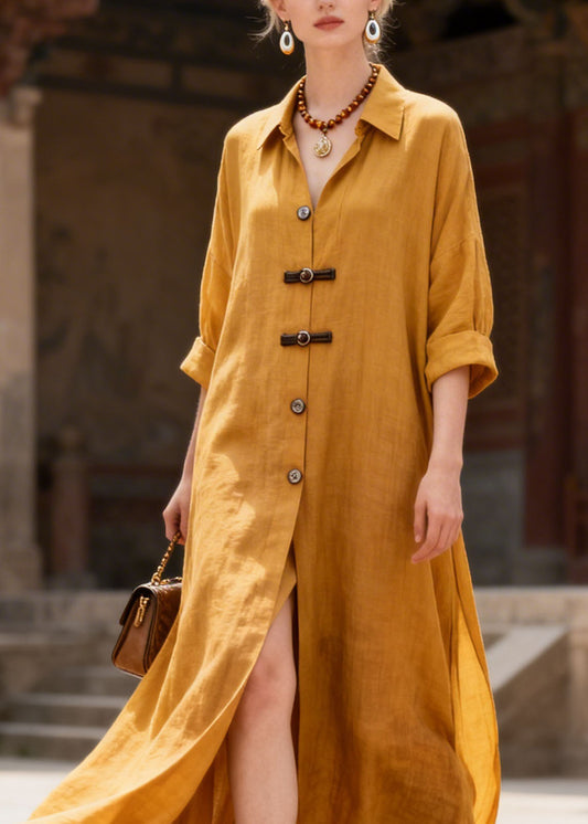 Simple Yellow Peter Pan Collar Button Patchwork Cotton Dress Summer