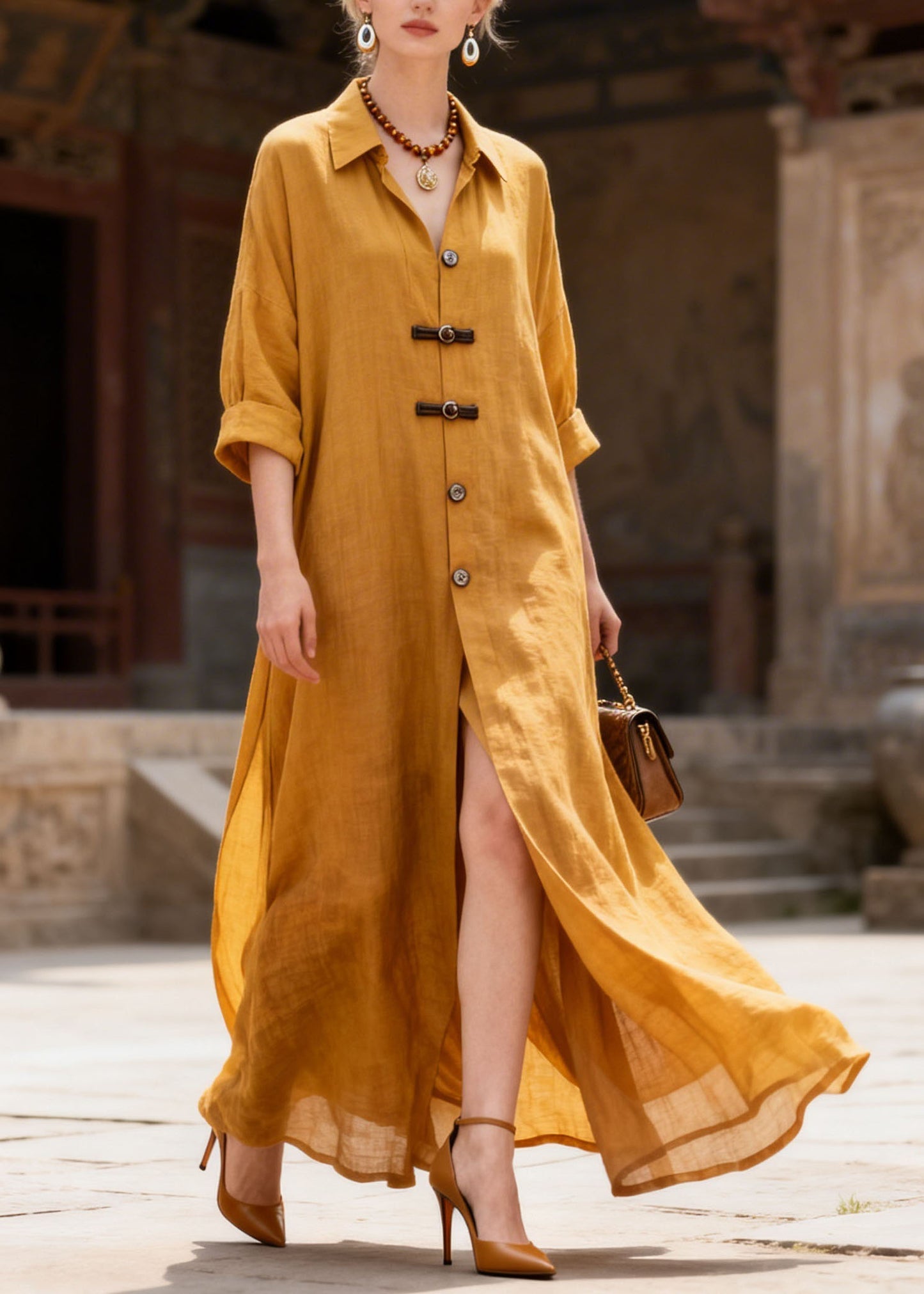 Simple Yellow Peter Pan Collar Button Patchwork Cotton Dress Summer