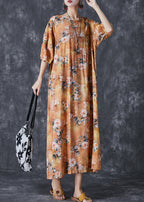 Simple Yellow Print Cotton Beach Dresses Lantern Sleeve