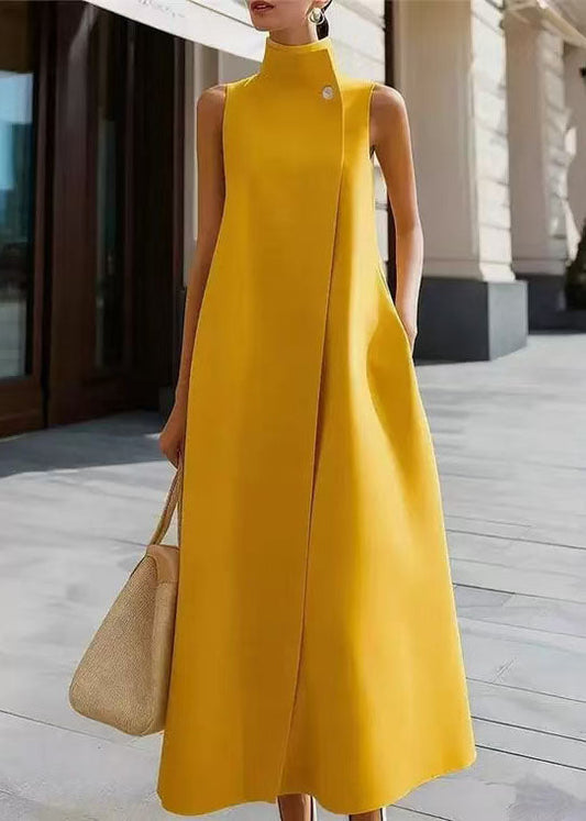 Simple Yellow Stand Collar Button Dresses Sleeveless