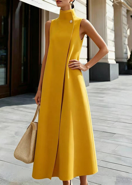 Simple Yellow Stand Collar Button Dresses Sleeveless