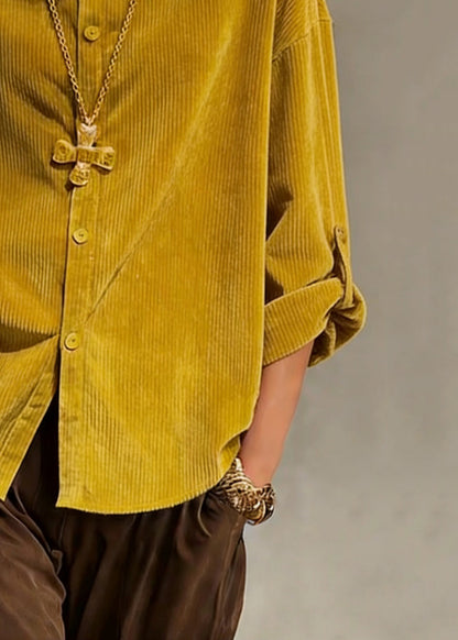 Simple Yellow Stand Collar Button Solid Shirts Spring