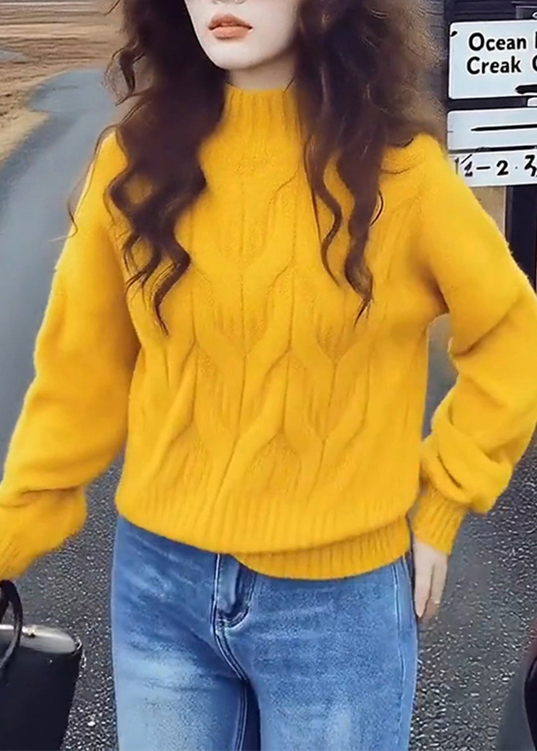 Simple Yellow Stand Collar Cable Knit Short Sweater Winter
