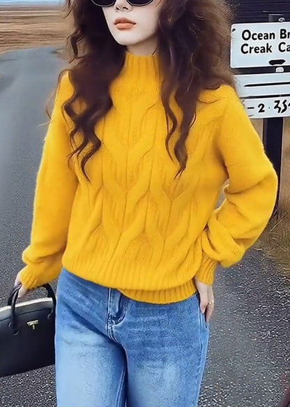 Simple Yellow Stand Collar Cable Knit Short Sweater Winter