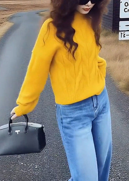 Simple Yellow Stand Collar Cable Knit Short Sweater Winter