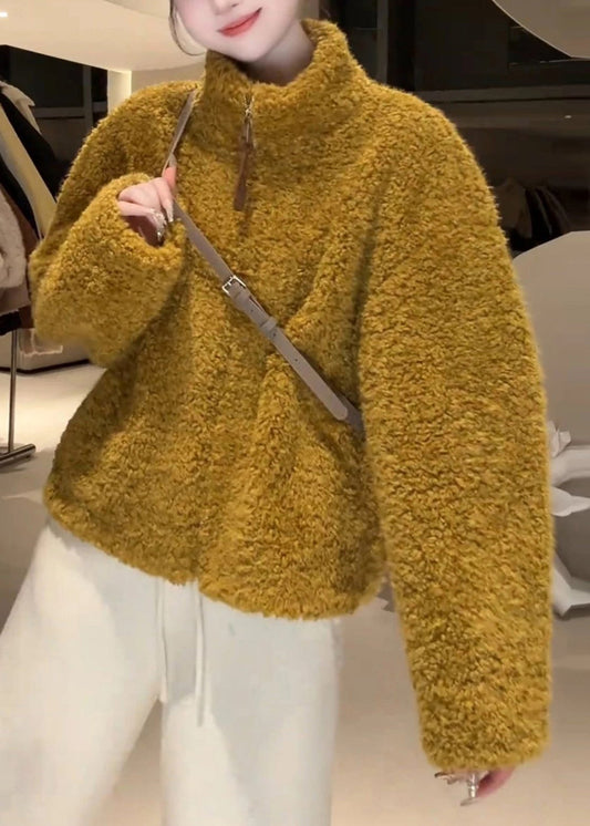 Simple Yellow Stand Collar Zippered Pockets Fluffy Coat