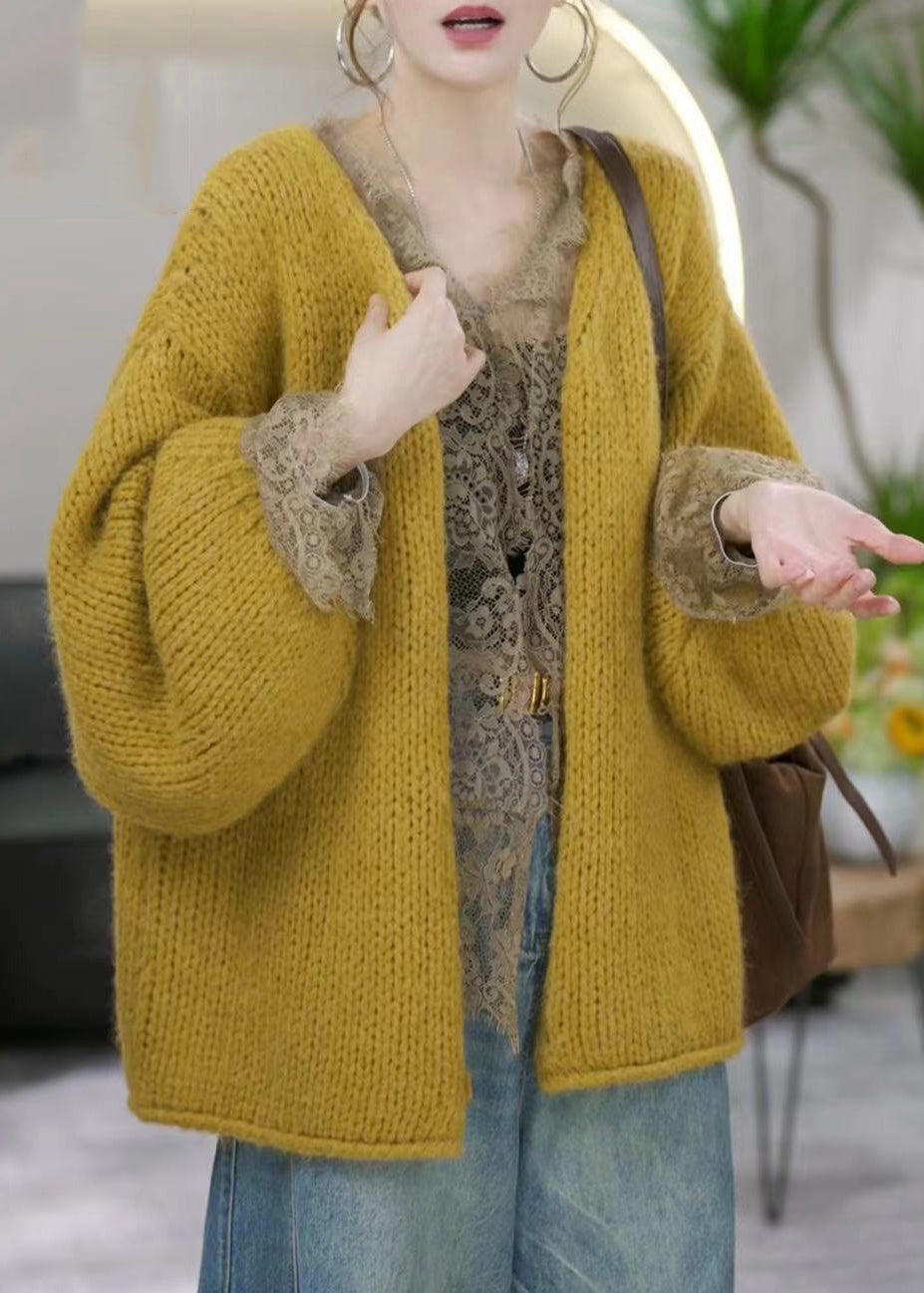 Simple Yellow V Neck Solid Cotton Knit Cardigans Winter