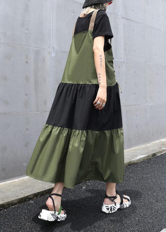 Simple army green sleeveless cotton Long Shirts drawstring Robe summer Dress - SooLinen