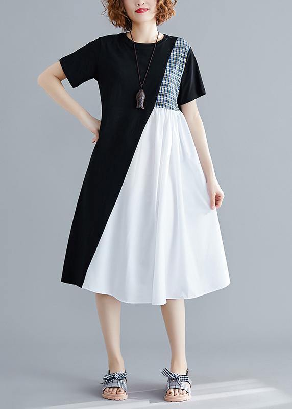 Simple black Cotton quilting clothes o neck patchwork Plus Size summer Dress - SooLinen