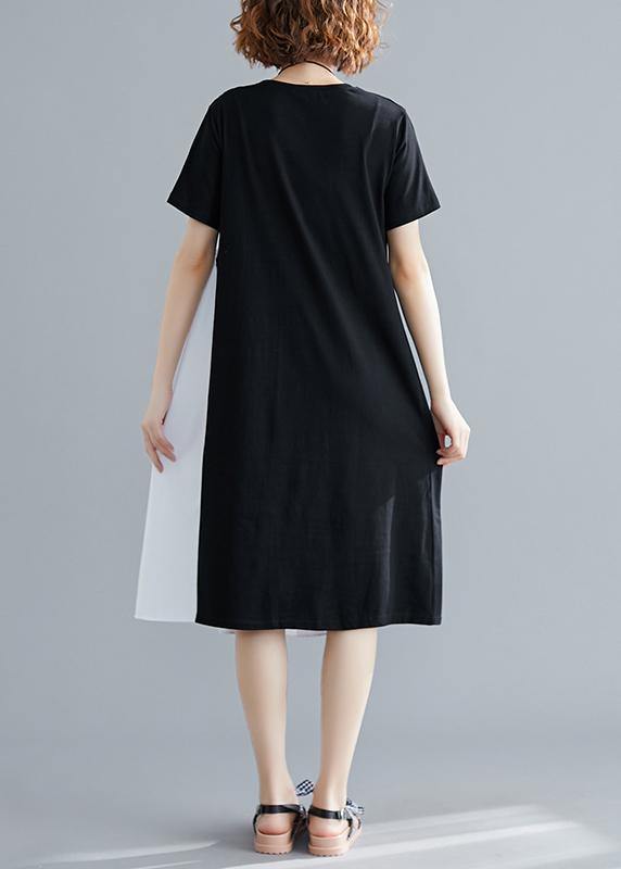 Simple black Cotton quilting clothes o neck patchwork Plus Size summer Dress - SooLinen