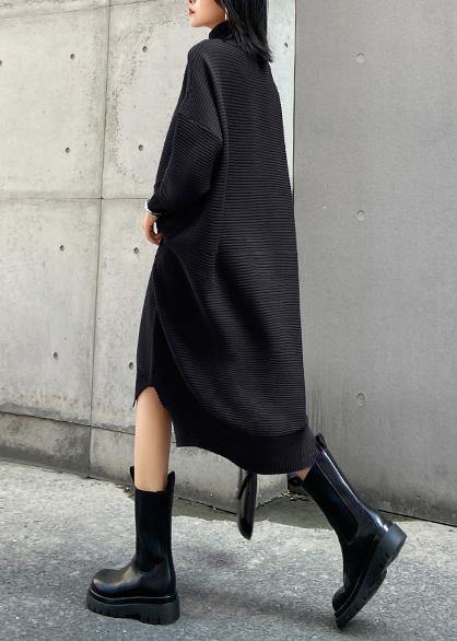 Simple black Sweater outfits Largo high neck low high design Art fall knit dress - SooLinen