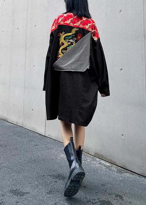 Simple black clothes stand collar patchwork print Dress - SooLinen