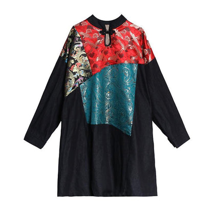 Simple black clothes stand collar patchwork print Dress - SooLinen
