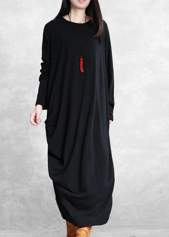 Simple black cotton clothes asymmetric cotton robes wild Dress - SooLinen