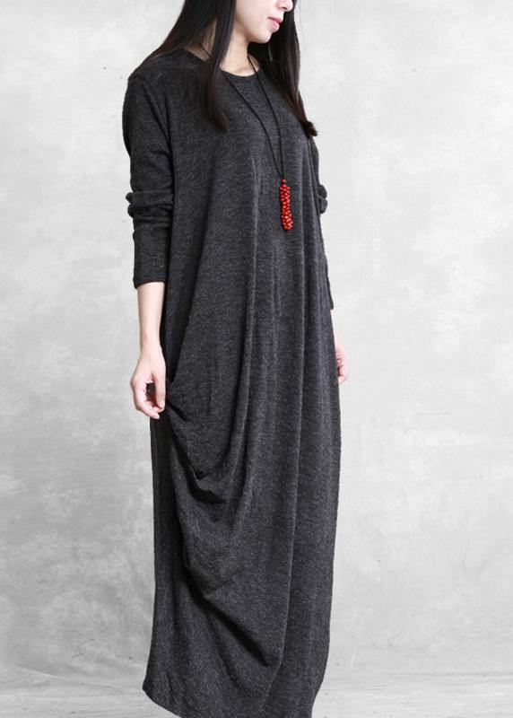 Simple black cotton clothes asymmetric cotton robes wild Dress - SooLinen