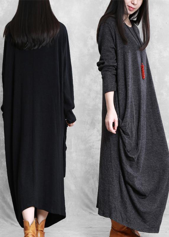 Simple black cotton clothes asymmetric cotton robes wild Dress - SooLinen