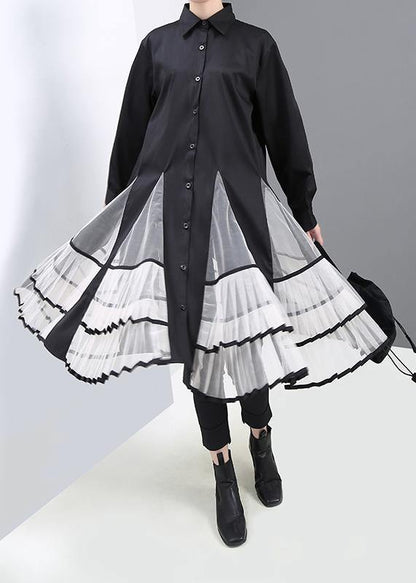 Simple black cotton clothes big hem Maxi patchwork shirt Dress - SooLinen