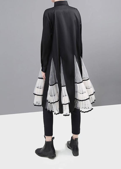 Simple black cotton clothes big hem Maxi patchwork shirt Dress - SooLinen