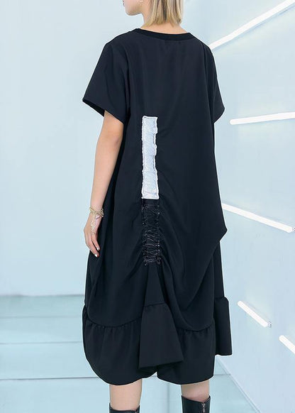 Simple black cotton quilting clothes drawstring cotton summer Dresses - SooLinen