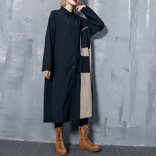 Simple black cotton tunic top 2025 Shape patchwork A Line Dresses