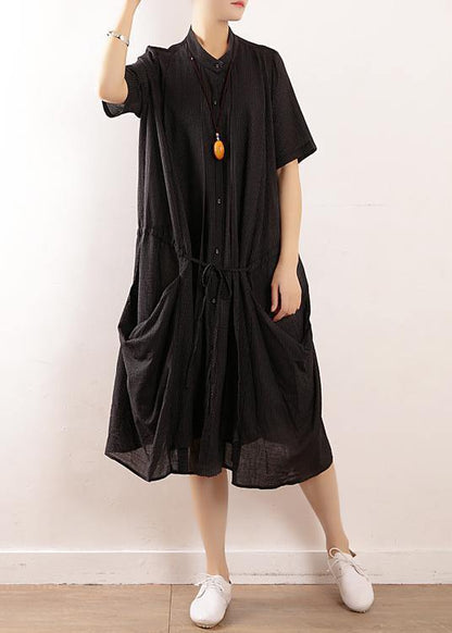 Simple black linen quilting dresses 2019 design stand collar long summer Dresses - SooLinen