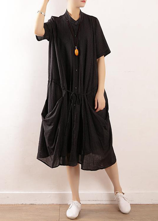Simple black linen quilting dresses 2019 design stand collar long summer Dresses - SooLinen
