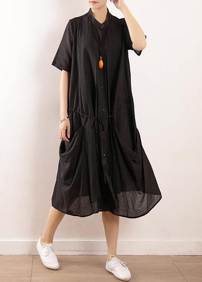 Simple black linen quilting dresses 2019 design stand collar long summer Dresses - SooLinen