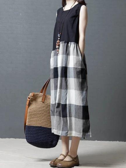 Simple black patchwork Plaid linen Tunic sleeveless Knee Dress - SooLinen