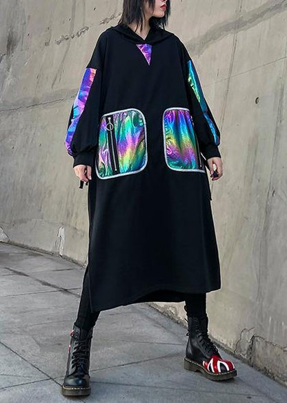 Simple black patchwork cotton quilting clothes side open Maxi hooded Dress - SooLinen