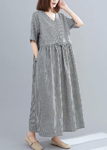 Simple black plaid linen cotton dresses v neck drawstring loose Dresses - SooLinen