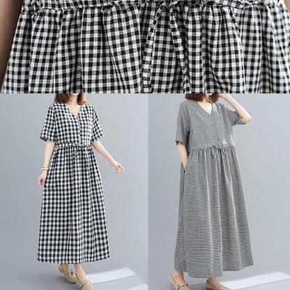 Simple black plaid linen cotton dresses v neck drawstring loose Dresses - SooLinen