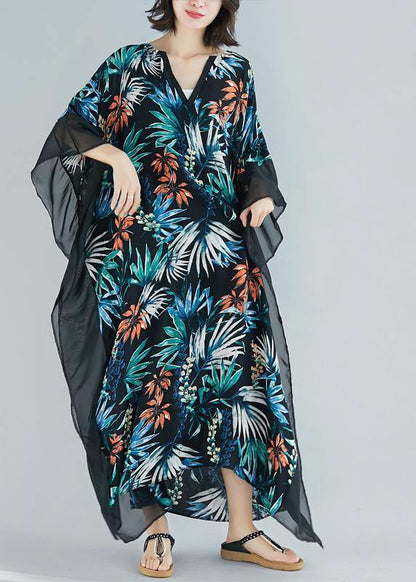 Simple black print chiffon dresses Omychic Fashion Ideas v neck patchwork Traveling Summer Dress - SooLinen