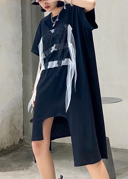 Simple black quilting clothes o neck asymmetric Art summer Dresses - SooLinen