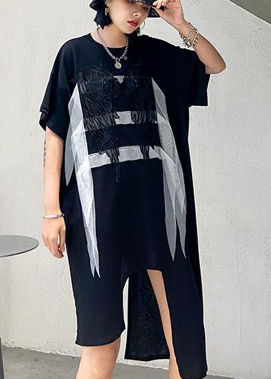Simple black quilting clothes o neck asymmetric Art summer Dresses - SooLinen
