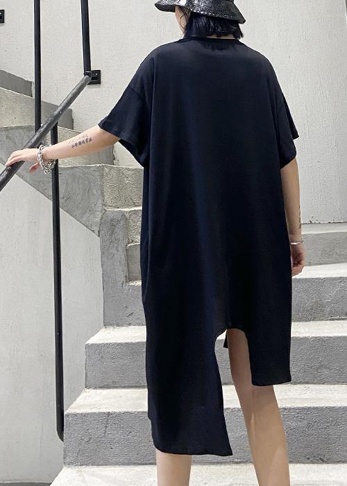 Simple black quilting clothes o neck asymmetric Art summer Dresses - SooLinen