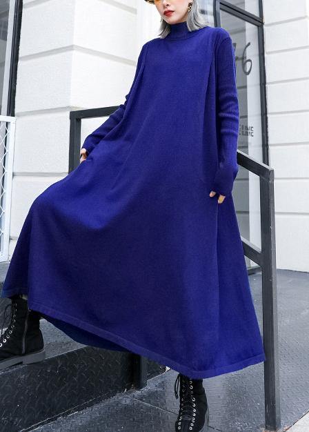 Simple blue Sweater dress outfit Street Style high neck pockets Ugly knit dresses - SooLinen