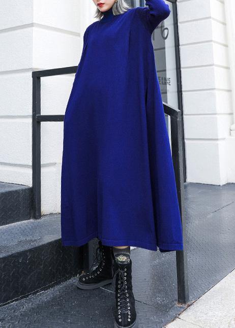 Simple blue Sweater dress outfit Street Style high neck pockets Ugly knit dresses - SooLinen