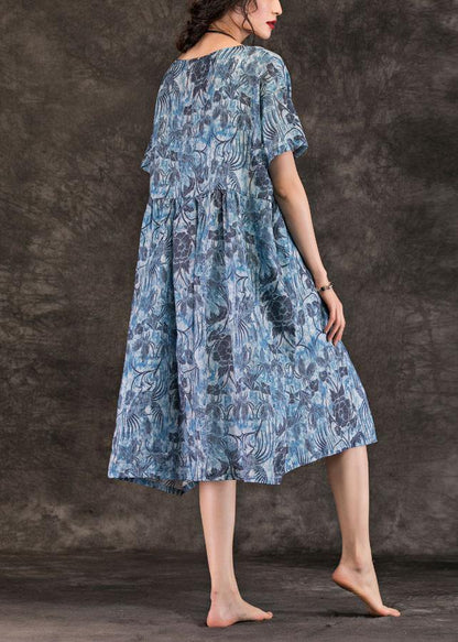 Simple blue print linen clothes o neck pockets loose summer Dress - SooLinen