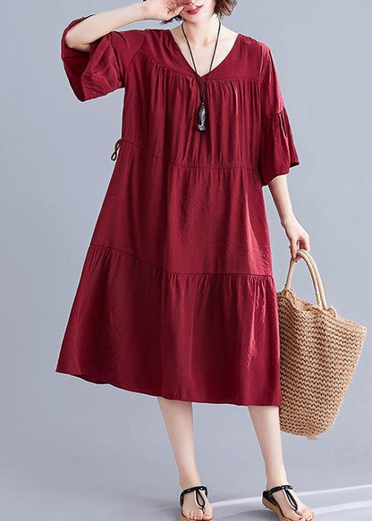 Simple burgundy Cotton clothes v neck drawstring summer Dresses - SooLinen