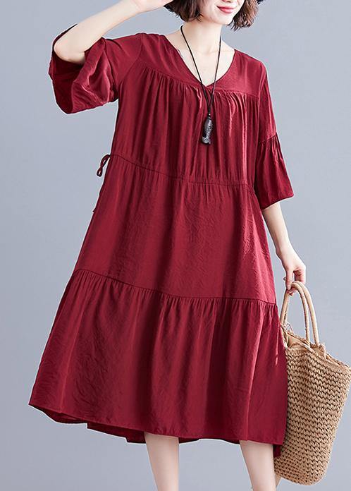 Simple burgundy Cotton clothes v neck drawstring summer Dresses - SooLinen