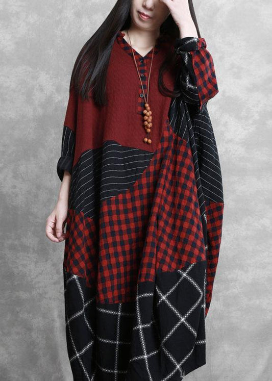 Simple burgundy plaid clothes v neck patchwork Maxi Dress - SooLinen