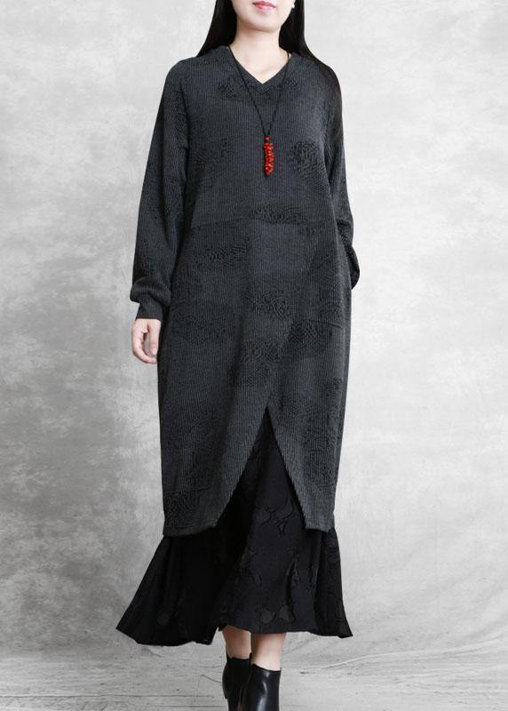 Simple gray quilting dresses v neck patchwork Robe fall Dresses - SooLinen