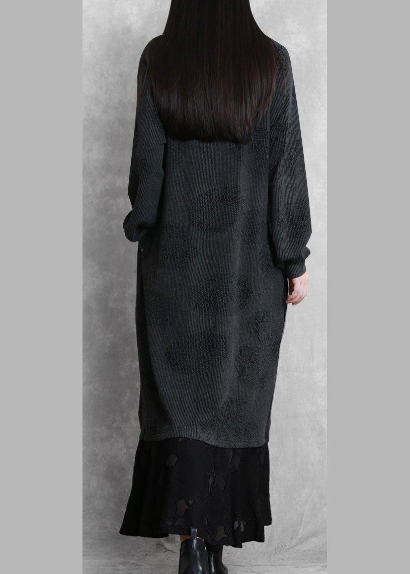 Simple gray quilting dresses v neck patchwork Robe fall Dresses - SooLinen