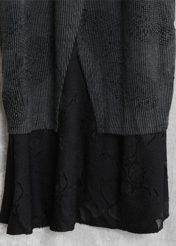 Simple gray quilting dresses v neck patchwork Robe fall Dresses - SooLinen